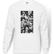 Tshirthane Anime One Piece Baskılı Beyaz Erkek Örme Sweatshirt Uzun Kol