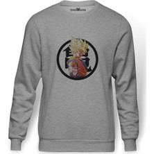 Tshirthane Anime Dragon Ball Baskılı Gri Erkek Örme Sweatshirt Uzun Kol