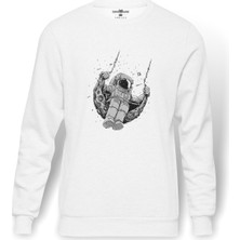 Tshirthane Astronot Ay Salıncak Baskılı Beyaz Erkek Örme Sweatshirt Uzun Kol