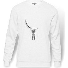 Tshirthane Astronot Aya Asılı Astronot Baskılı Beyaz Erkek Örme Sweatshirt Uzun Kol