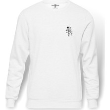 Tshirthane Astronot Uzay Boşluğu Göğüs Baskılı Beyaz Erkek Örme Sweatshirt Uzun Kol
