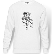 Tshirthane Astronot Uzay Boşluğu Baskılı Beyaz Erkek Örme Sweatshirt Uzun Kol