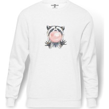 Tshirthane Rakun Illüstrasyon Rakun Suluboya Çiçek Suluboya Baskılı Beyaz Erkek Örme Sweatshirt Uzun Kol