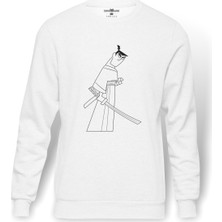 Tshirthane Samurai Jack Baskılı Beyaz Erkek Örme Sweatshirt Uzun Kol