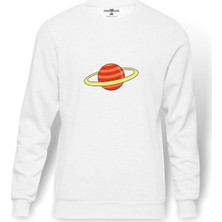 Tshirthane Saturn Baskılı Beyaz Erkek Örme Sweatshirt Uzun Kol