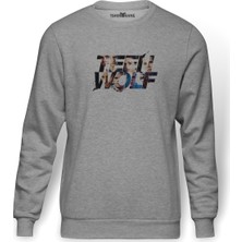 Tshirthane Teenwolf Dizi Film Baskılı Gri Erkek Örme Sweatshirt Uzun Kol