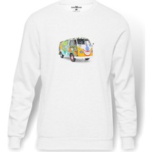 Tshirthane 1357 Volkswagen Kombi Hippie 18 Olkswagen Baskılı Beyaz Erkek Örme Sweatshirt Uzun Kol