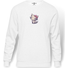 Tshirthane Sanat Carnivoran Yavru Kedi Menekşe Kitty Baskılı Beyaz Erkek Örme Sweatshirt Uzun Kol