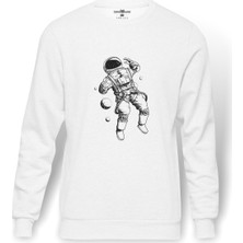 Tshirthane Astronot Uzay Boşluğu Baskılı Beyaz Erkek Örme Sweatshirt Uzun Kol
