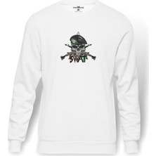 Tshirthane Scool Kurukafa Skereet  Baskılı Beyaz Erkek Örme Sweatshirt Uzun Kol