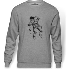 Tshirthane Astronot Uzay Boşluğu Baskılı Gri Erkek Örme Sweatshirt Uzun Kol