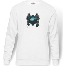 Tshirthane Selçuklu Mavi Kartalı Göktürk Baskılı Beyaz Erkek Örme Sweatshirt Uzun Kol