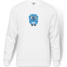 Tshirthane Sevimli Mavi Baykuş  Baskılı Beyaz Erkek Örme Sweatshirt Uzun Kol