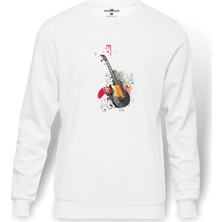 Tshirthane Gitar Art Baskılı Beyaz Erkek Örme Sweatshirt Uzun Kol