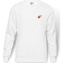 Tshirthane Gitar Ateş Baskılı Beyaz Erkek Örme Sweatshirt Uzun Kol