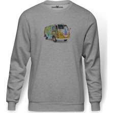 Tshirthane 1357 Volkswagen Kombi Hippie 18 Olkswagen Baskılı Gri Erkek Örme Sweatshirt Uzun Kol
