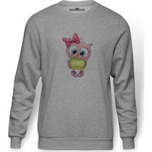 Tshirthane Baykuş Kız Pembe Baskılı Gri Erkek Örme Sweatshirt Uzun Kol