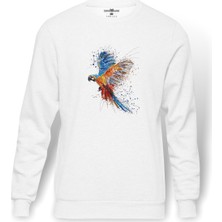 Tshirthane Papağan Sulu Boya Damlamalı Baskılı Beyaz Erkek Örme Sweatshirt Uzun Kol