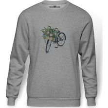 Tshirthane Çiçek Ile Siyah Bisiklet Bisiklet Suluboya Baskılı Gri Erkek Örme Sweatshirt Uzun Kol
