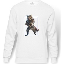 Tshirthane Rakun Rocket Baskılı Beyaz Erkek Örme Sweatshirt Uzun Kol