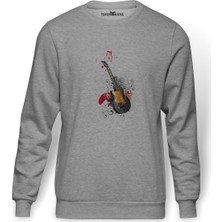 Tshirthane Gitar Art Baskılı Gri Erkek Örme Sweatshirt Uzun Kol