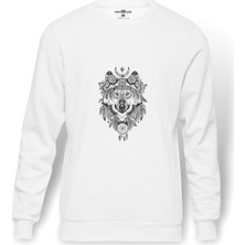 Tshirthane Siyah Kurt Illüstrasyon Gri Kurt Tişört Baskılı Beyaz Erkek Örme Sweatshirt Uzun Kol