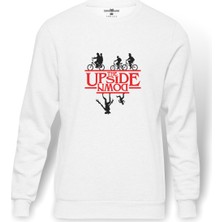 Tshirthane Stranger Things The Upside Down Baskılı Beyaz Erkek Örme Sweatshirt Uzun Kol