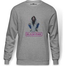 Tshirthane Jeanie Kim Jennie Kim Blackpınk K Baskılı Gri Erkek Örme Sweatshirt Uzun Kol