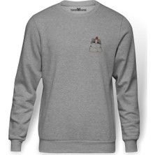 Tshirthane Kedi Sevimli Göğüs Baskılı Gri Erkek Örme Sweatshirt Uzun Kol