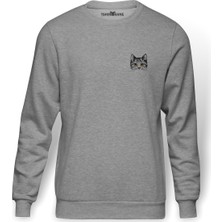 Tshirthane Kedi Yavru Kedi Sevimli Kedi Göğüs Baskılı Gri Erkek Örme Sweatshirt Uzun Kol
