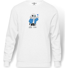 Tshirthane Undertale Sans   Baskılı Beyaz Erkek Örme Sweatshirt Uzun Kol