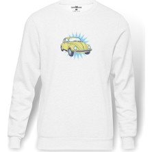 Tshirthane Vosvos Sarı Volkswagen Beetle  Baskılı Beyaz Erkek Örme Sweatshirt Uzun Kol