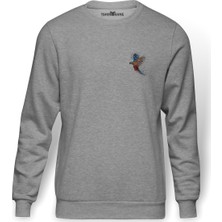 Tshirthane Papağan Sulu Boya Damlamalı Göğüs Baskılı Gri Erkek Örme Sweatshirt Uzun Kol