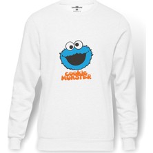 Tshirthane Cookie Monster Baskılı Beyaz Erkek Örme Sweatshirt Uzun Kol