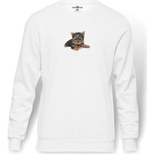 Tshirthane Yorkie Poodle  Baskılı Beyaz Erkek Örme Sweatshirt Uzun Kol