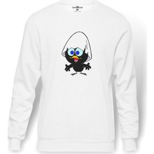 Tshirthane Yumurtadan Çıkan Şaşkın Kuş  Baskılı Beyaz Erkek Örme Sweatshirt Uzun Kol