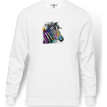 Tshirthane Zebra   Baskılı Beyaz Erkek Örme Sweatshirt Uzun Kol