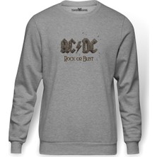 Tshirthane Ac Dc Rock Or Bust Logo Baskılı Gri Erkek Örme Sweatshirt Uzun Kol