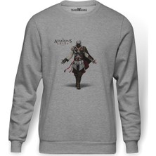 Tshirthane Assasins Creed Baskılı Gri Erkek Örme Sweatshirt Uzun Kol