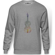 Tshirthane Silhouette Colorful Violin With Notes Baskılı Gri Erkek Örme Sweatshirt Uzun Kol