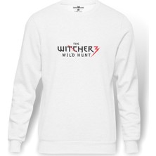 Tshirthane The Witcher Logo Baskılı Beyaz Erkek Örme Sweatshirt Uzun Kol