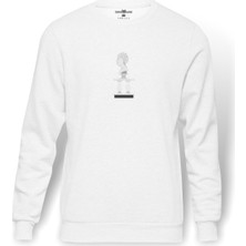 Tshirthane Antik Heykel Büst Yan  Baskılı Beyaz Erkek Örme Sweatshirt Uzun Kol