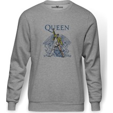 Tshirthane Queen Baskılı Gri Erkek Örme Sweatshirt Uzun Kol