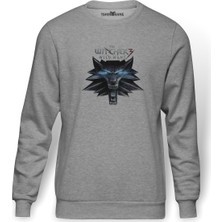 Tshirthane The Witcher Baskılı Gri Erkek Örme Sweatshirt Uzun Kol