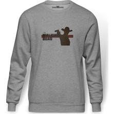 Tshirthane Walking Dead Baskılı Gri Erkek Örme Sweatshirt Uzun Kol