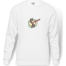 Tshirthane Black Cat Playing The Guitar Baskılı Beyaz Erkek Örme Sweatshirt Uzun Kol