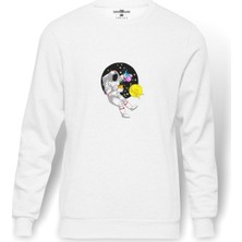 Tshirthane Black Haired Male Anime Character Astronaut Baskılı Beyaz Erkek Örme Sweatshirt Uzun Kol