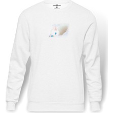 Tshirthane Blue Eyed Cats Kedi  Baskılı Beyaz Erkek Örme Sweatshirt Uzun Kol