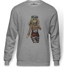 Tshirthane Anime Attack On Titan Baskılı Gri Erkek Örme Sweatshirt Uzun Kol