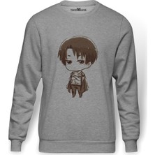 Tshirthane Anime Attack On Titan Baskılı Gri Erkek Örme Sweatshirt Uzun Kol